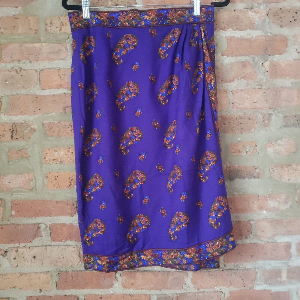 Vintage 90s Carlisle Paisley Faux Wrap Skirt | Wool Silk Blend